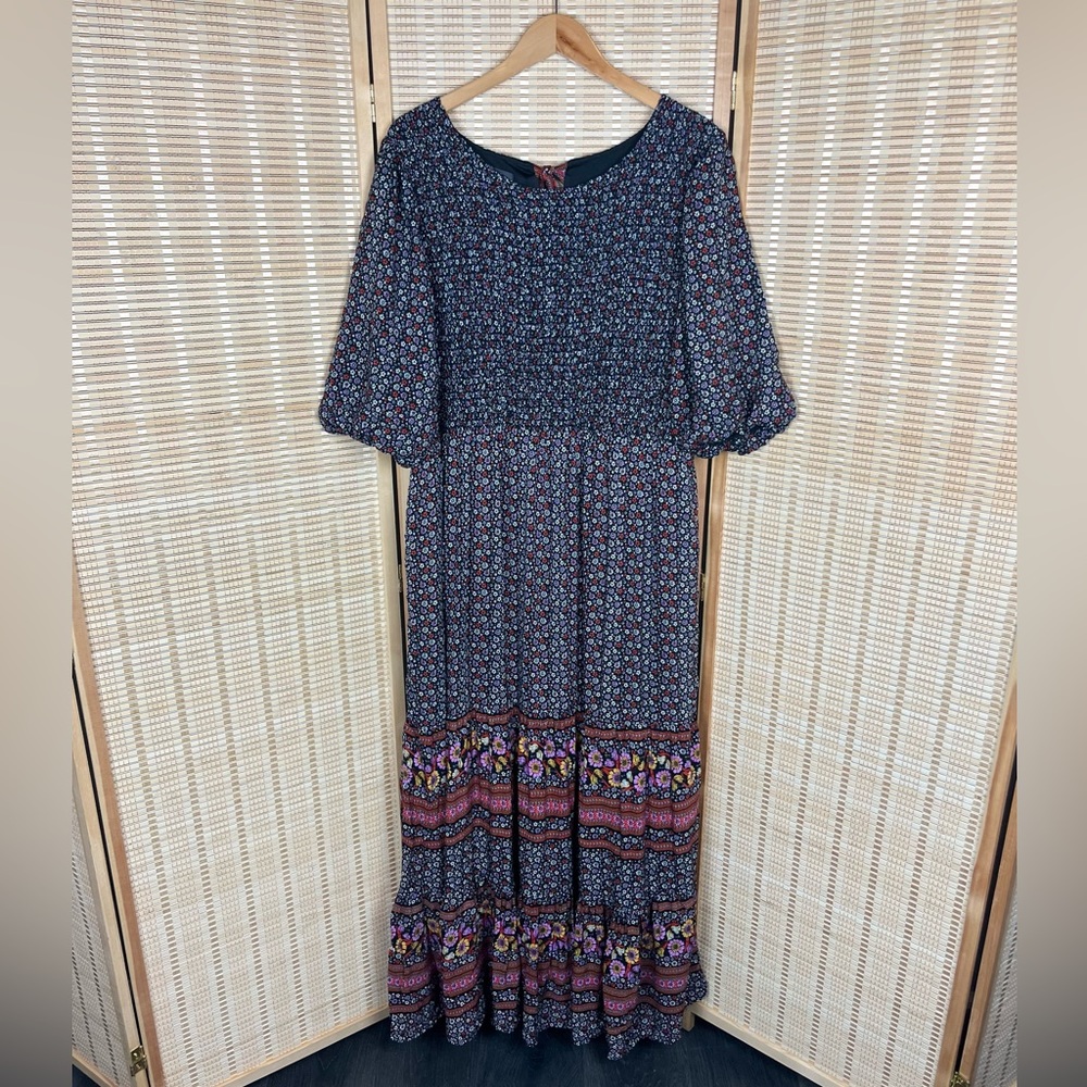 Friday Flamingo Smocked Maxi Peasant Dress Tiered Floral